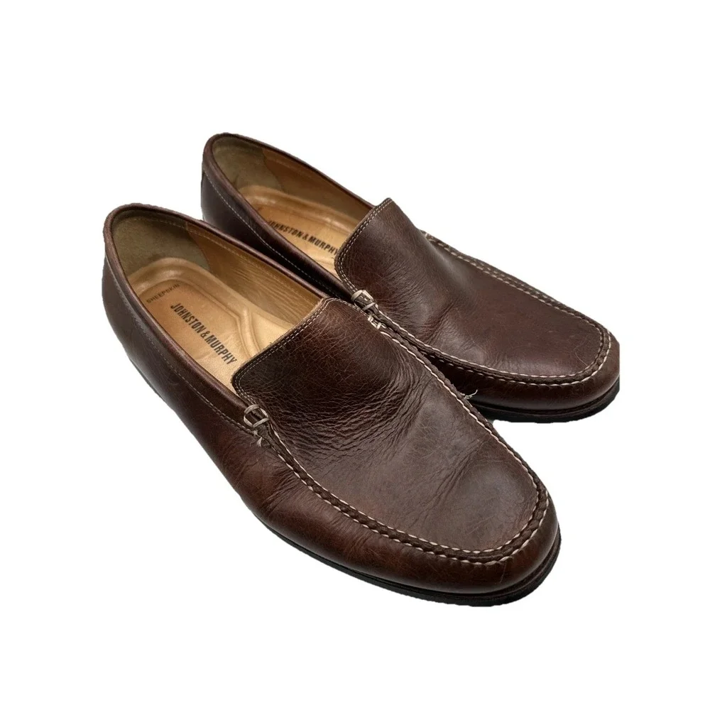 Johnston & Murphy Leather Slip On Loafers Sheepskin Lined Brown 20-7792‎ Sz 11 W